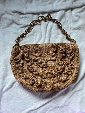 Zara Tan Woven Half-Moon Shoulder Bag with Gold Chain